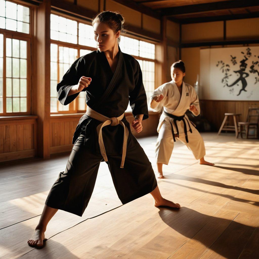 A dynamic scene showcasing a diverse group of martial artists in action, demonstrating various combat techniques in an inspiring dojo setting. Include a mix of traditional and modern martial arts uniforms, with an emphasis on movement and grace. Soft sunlight filtering through wooden slats, casting shadows on the training mats. Energetic expressions revealing focus and determination. The overall atmosphere exudes discipline and empowerment. super-realistic. vibrant colors. 3D.