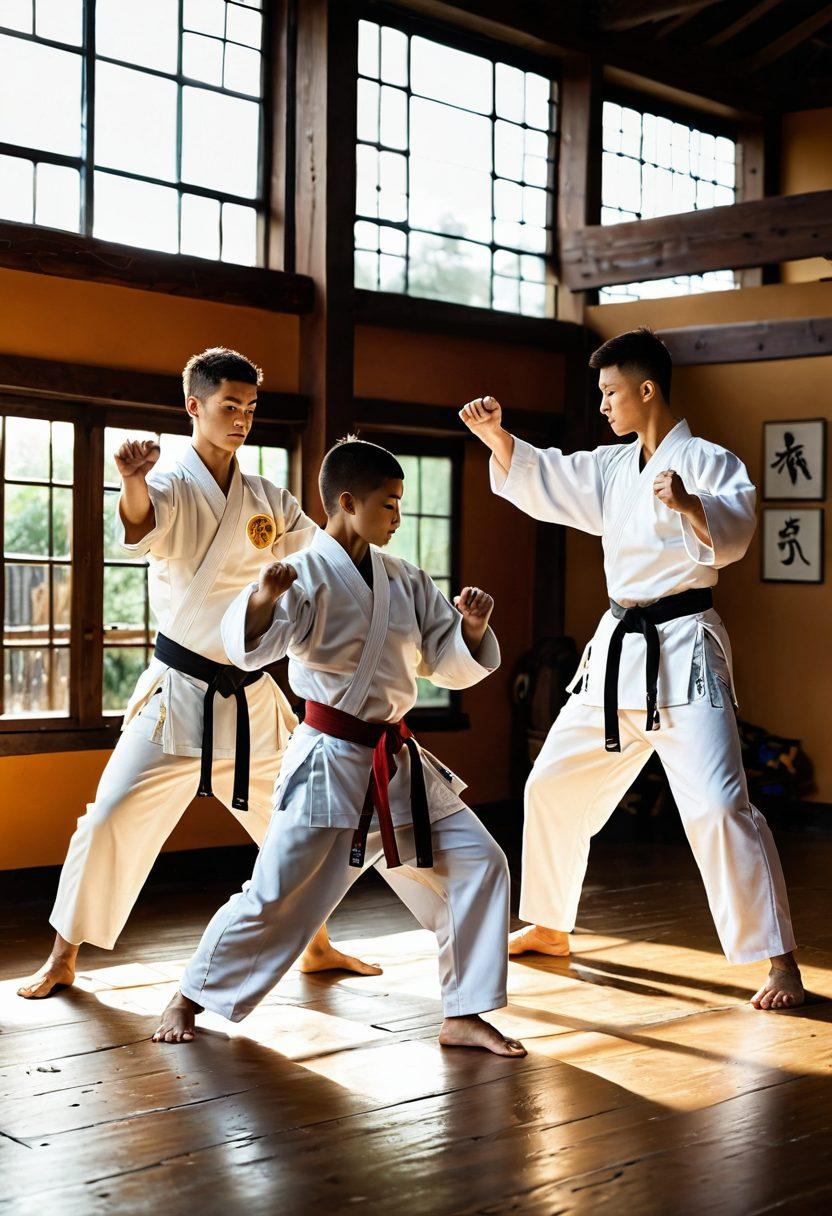 A dynamic scene showcasing a diverse group of martial artists in various poses, embodying strength and focus. Include a backdrop of a dojo with traditional elements, such as mats and wooden beams, while sunlight filters through the windows, creating a warm atmosphere. Incorporate symbols of confidence, like rising suns or thriving plants, and feature students of different ages and backgrounds collaborating. The overall feel should inspire growth and empowerment through martial arts training. super-realistic. vibrant colors. warm lighting.