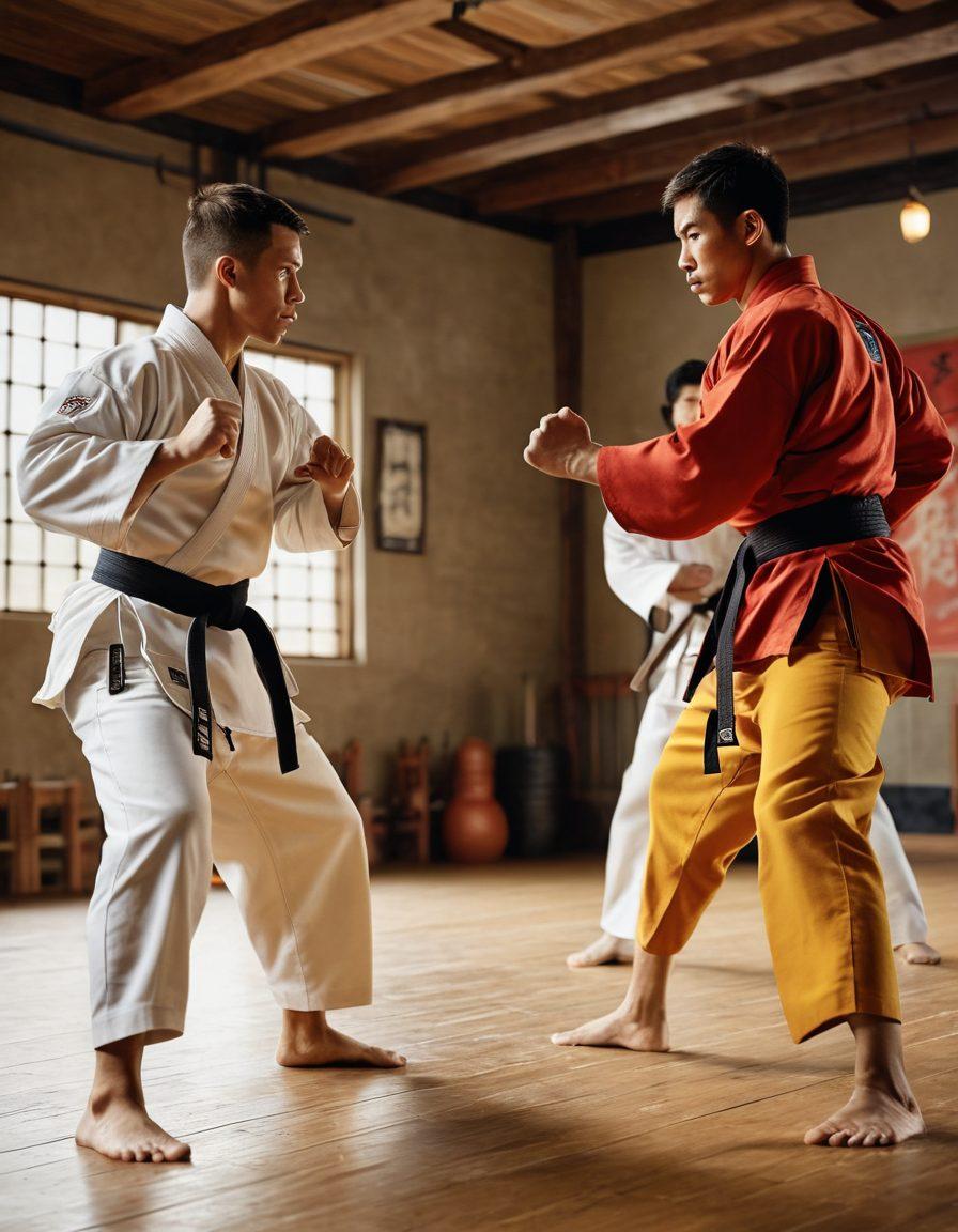A dynamic scene showcasing a diverse group of martial artists practicing different combat styles, with one person demonstrating self-defense techniques, while others engage in sparring. The background features a blend of traditional dojo aesthetics and a modern gym setup. Capture the intensity and focus in their expressions, with varying martial arts uniforms. An array of colors representing various uniforms enhances the image's vibrancy. vibrant colors. action-packed. super-realistic.